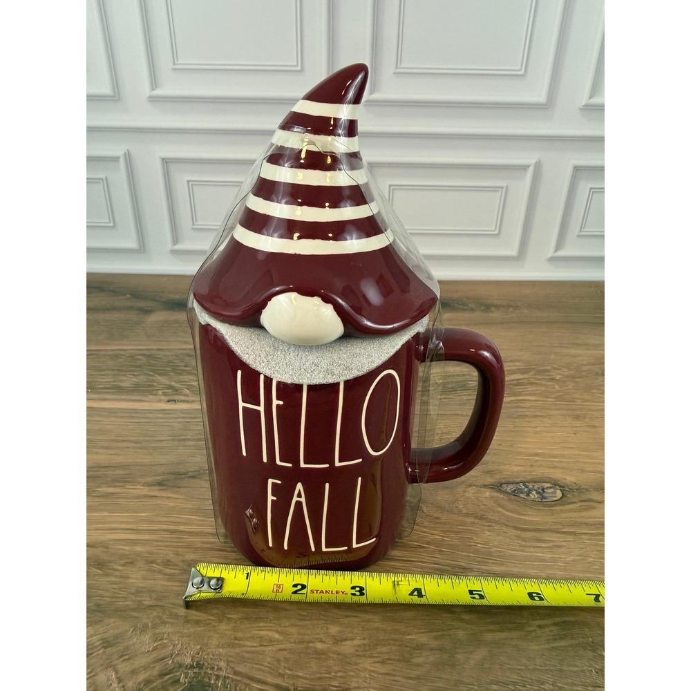 NEW Rae Dunn "Hello Fall" LL Maroon Lidded Gnome Mug 8" Tall - Picture 7 of 7